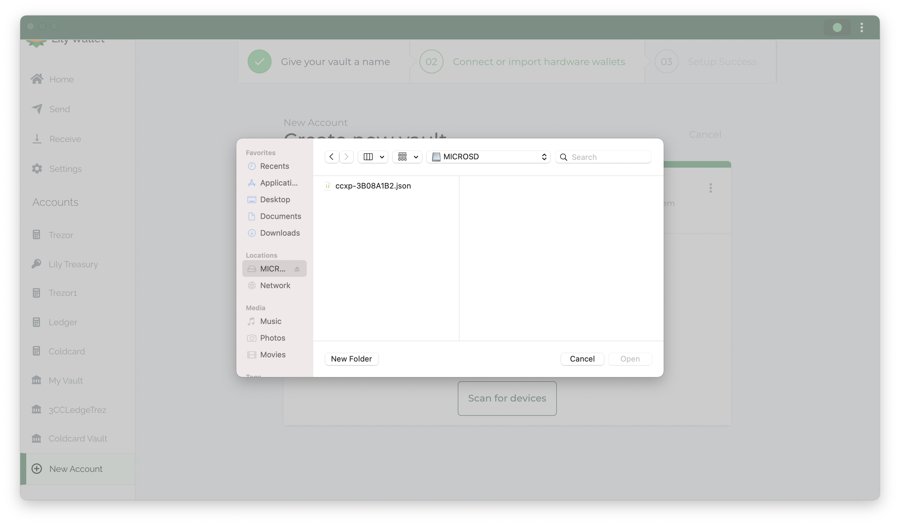 Lily Wallet add Coldcard Airgap file dialog