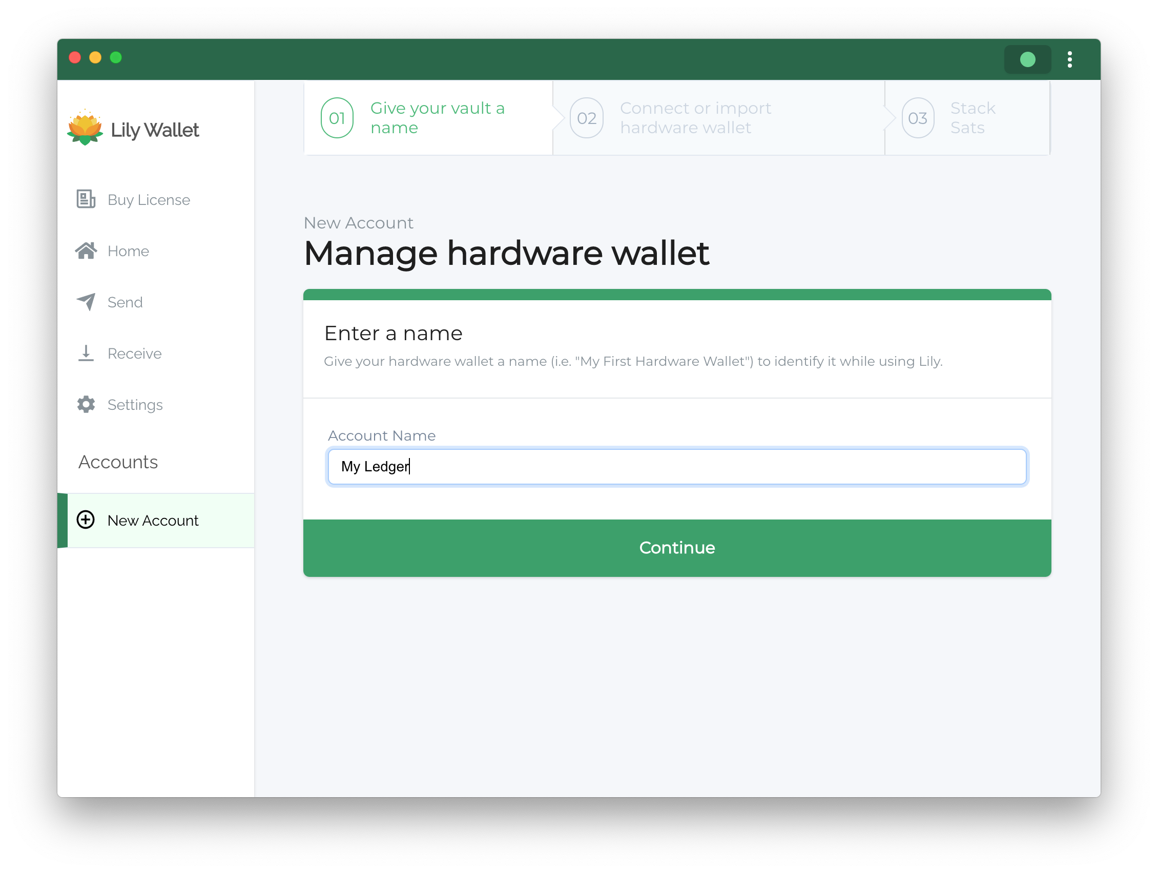 Input account name in Lily Wallet