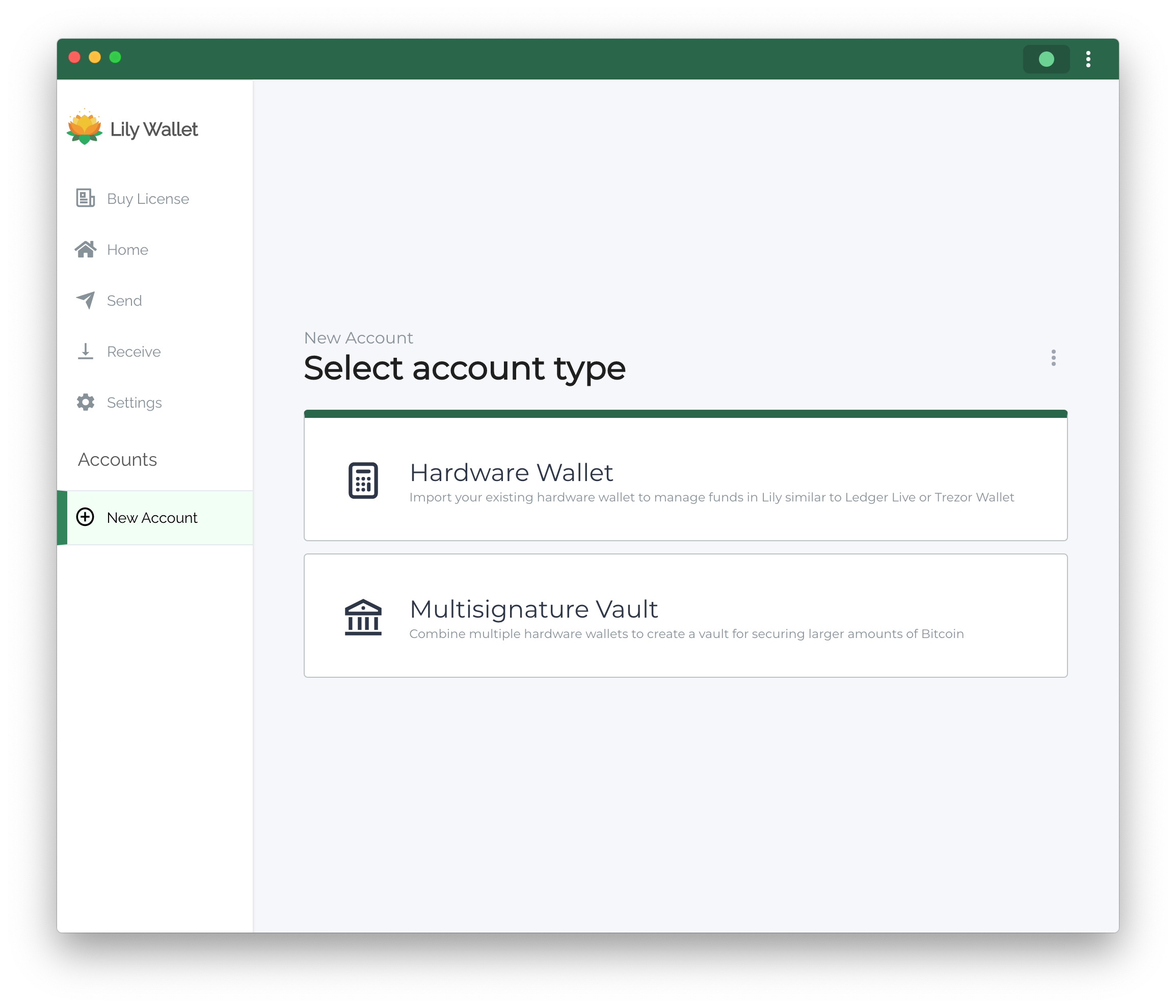 Select account type in Lily Wallet