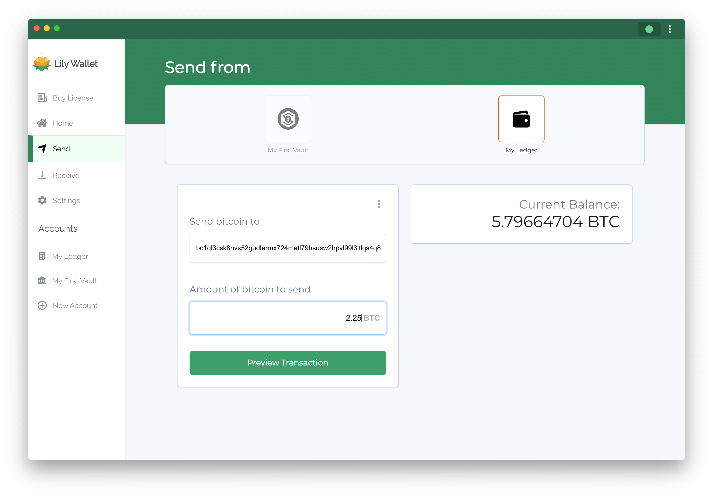 Lily Wallet Send Bitcoin Form